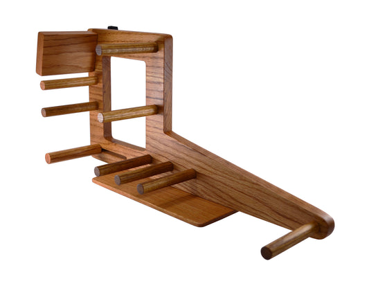 Left-handed 20 inch inkle loom. Handcrafted from red oak by Wiener Dog Ranch.