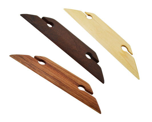Set of 3 knife edge belt shuttles handcrafted from Maple, Red Oak and Mahogany by Wiener Dog Ranch. 4.5 inch.