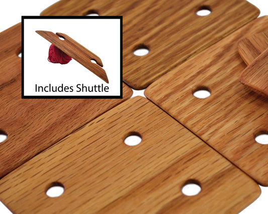 24 Weaving Cards or Tablets with 4 Holes Including Shuttle. Handcrafted from Red Oak by Wiener Dog Ranch.