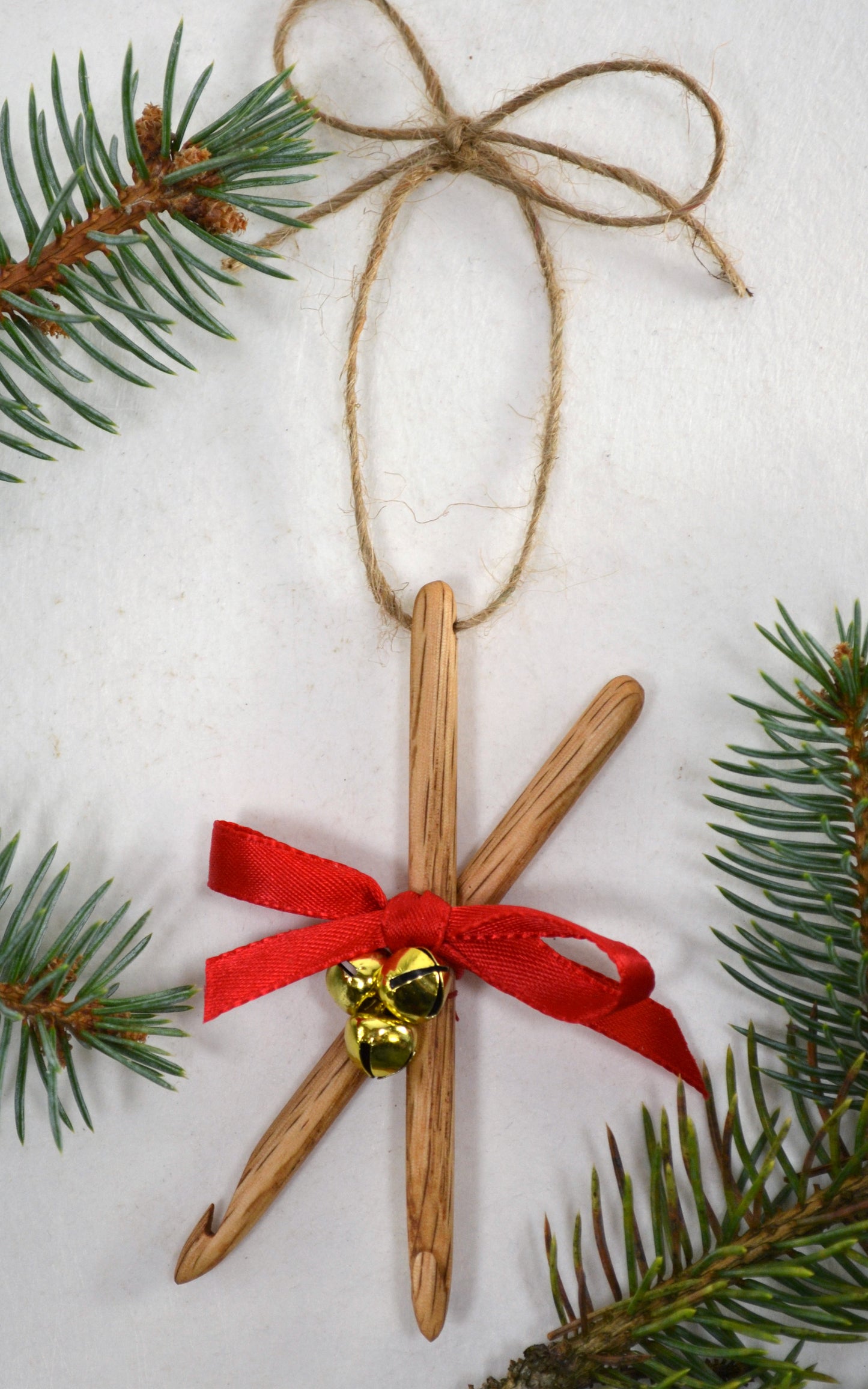 Crochet Christmas ornament. Handcrafted from red oak by Wiener Dog Ranch. View 2.