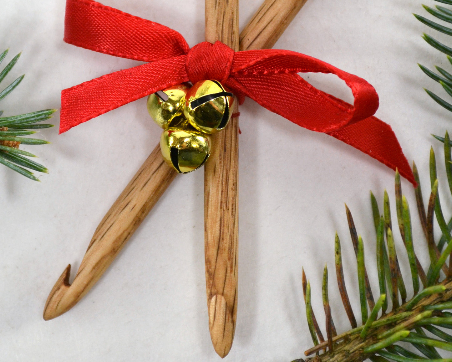 Crochet Christmas ornament. Handcrafted from red oak by Wiener Dog Ranch.