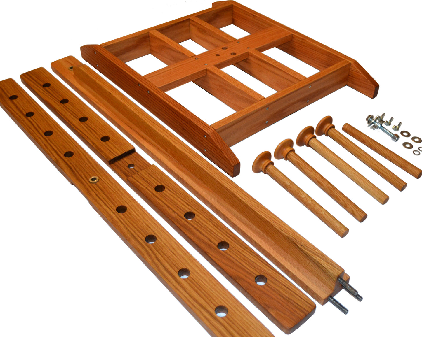 Large floor standing yarn swift. Handcrafted from red oak by Wiener Dog Ranch. Unassembled.