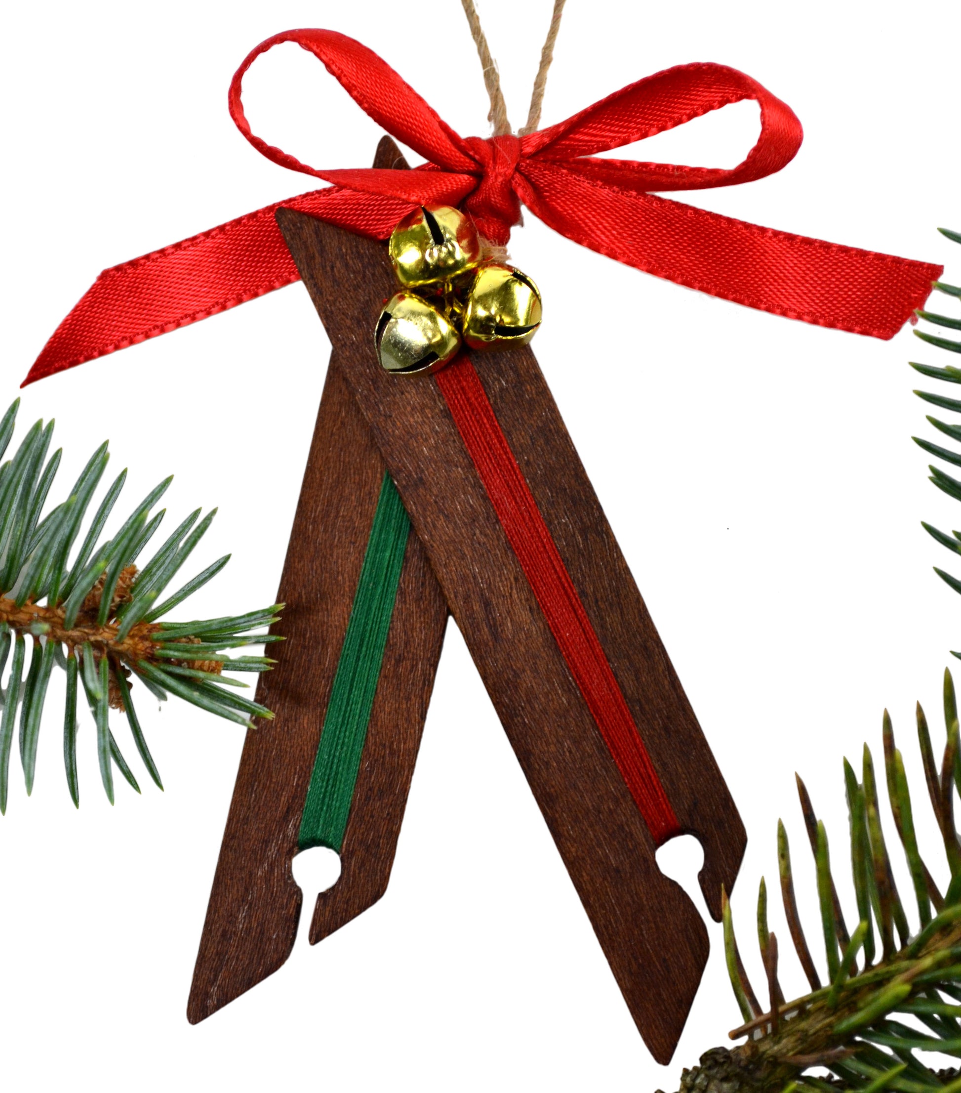 Weaving shuttle Christmas ornament. Handcrafted from Mahogany by Wiener Dog Ranch.