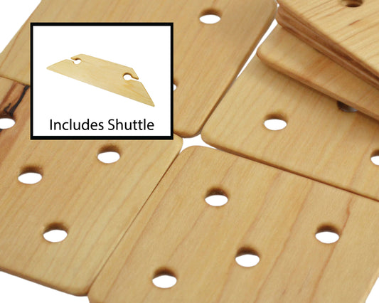 24 Weaving Cards with 5 Holes including Shuttle. Handcrafted from Maple by Wiener Dog Ranch.
