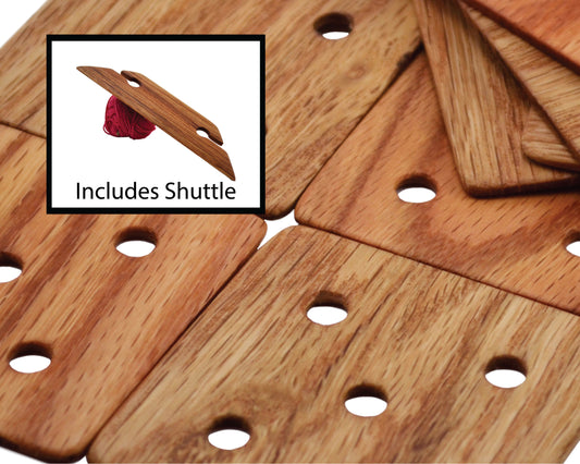 24 Weaving Cards with 5 Holes including shuttle. Handcrafted from Red Oak by Wiener Dog Ranch.