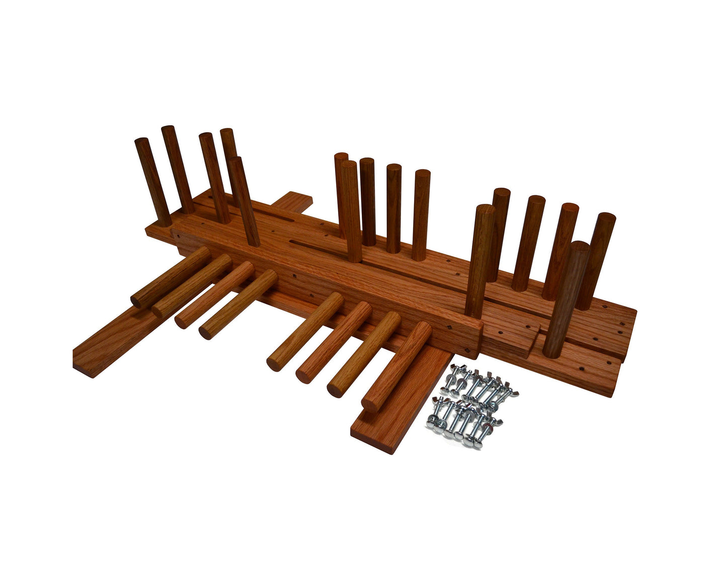 Large floor standing inkle weaving loom. Handcrafted from red oak by Wiener Dog Ranch. Unassembled.