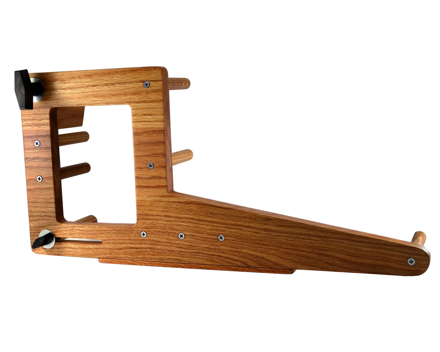 20 inch inkle weaving loom. Handcrafted from red oak by Wiener Dog Ranch. Back view.