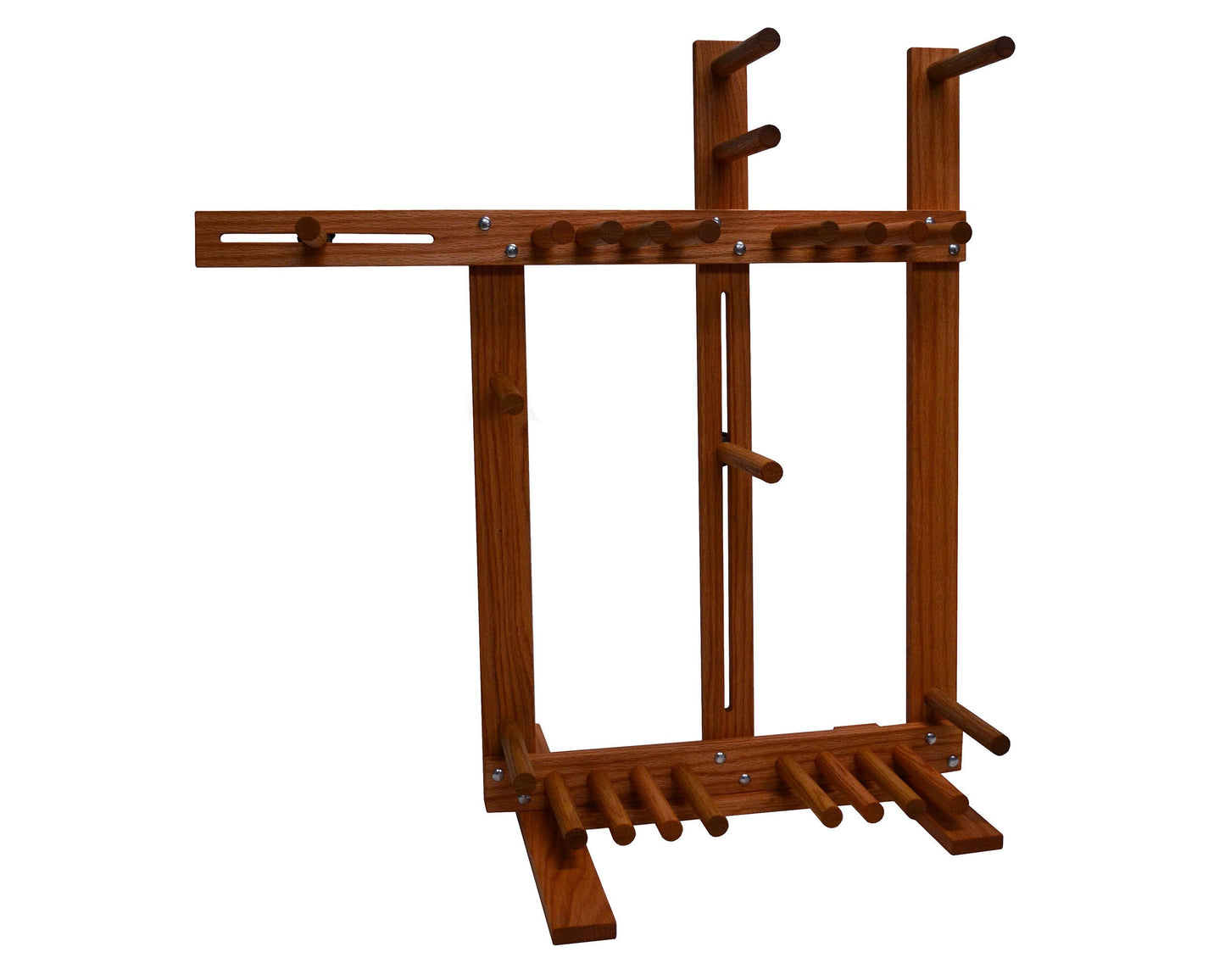 Floor standing inkle loom for belt weaving. Handcrafted from red oak by Wiener Dog Ranch.
