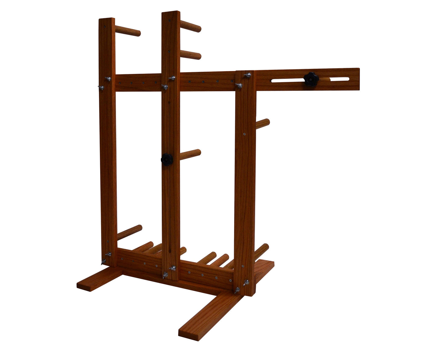 Large floor standing inkle weaving loom. Handcrafted from red oak by Wiener Dog Ranch. Back view.