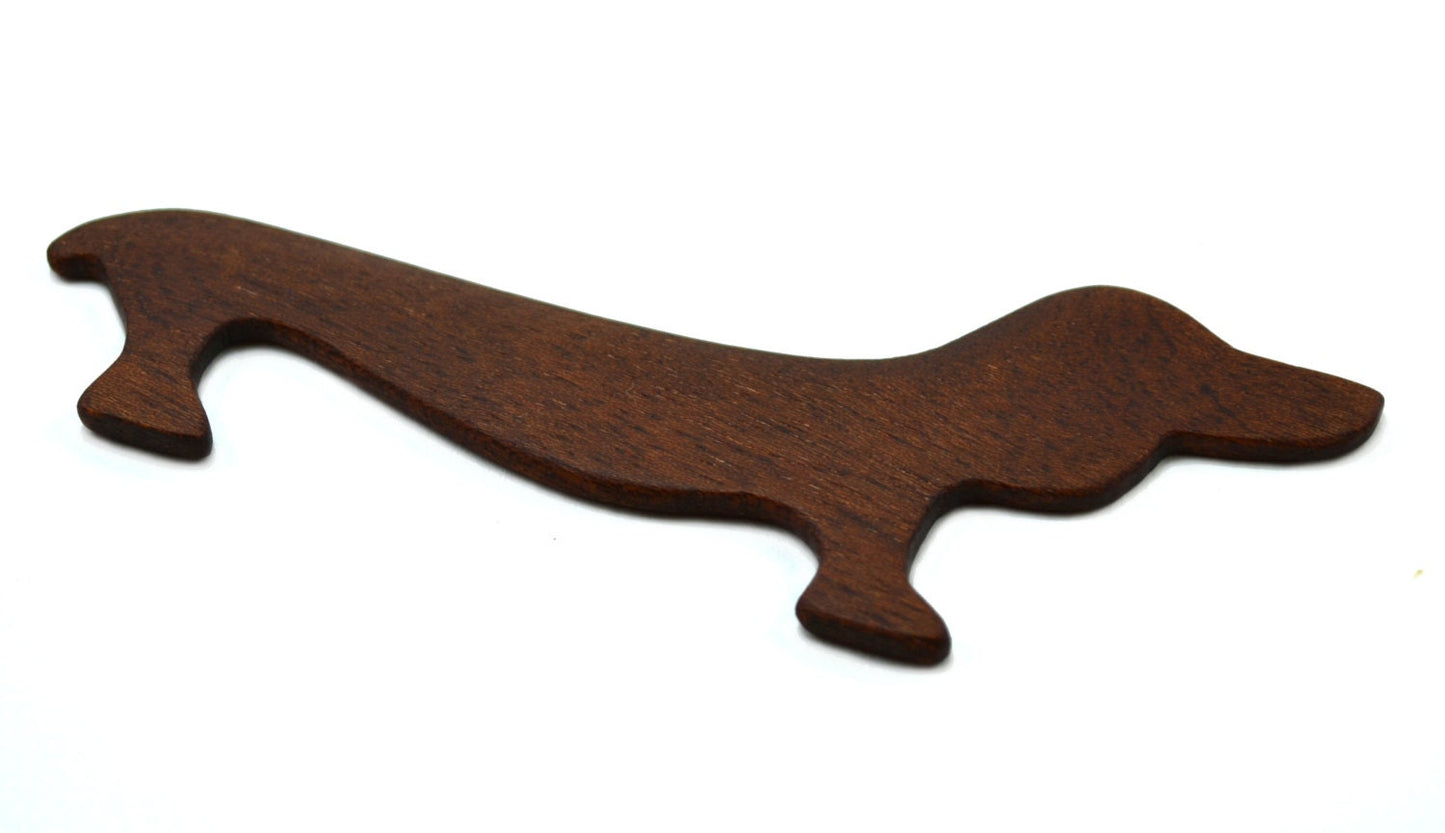 Dachshund Wiener Dog Beveled Weaving Shuttle. Handcrafted from mahogany by Wiener Dog Ranch. View 2.