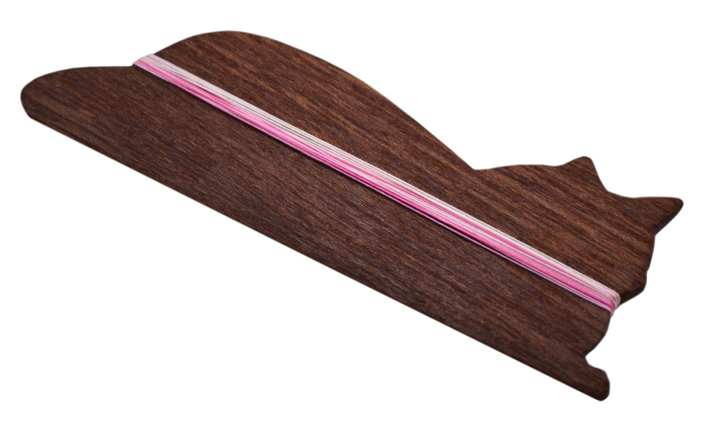 Cat beveled weaving shuttle. Handcrafted from mahogany by Wiener Dog Ranch. View 2.