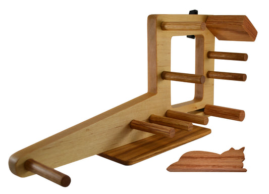 15 inch inkle loom with cat weaving shuttle. Handcrafted by Wiener Dog Ranch.