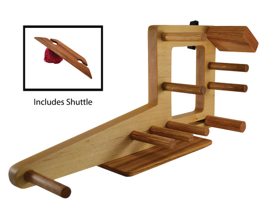 15 inch inkle loom with weaving shuttle included. Handcrafted from Maple and Red Oak by Wiener Dog Ranch.