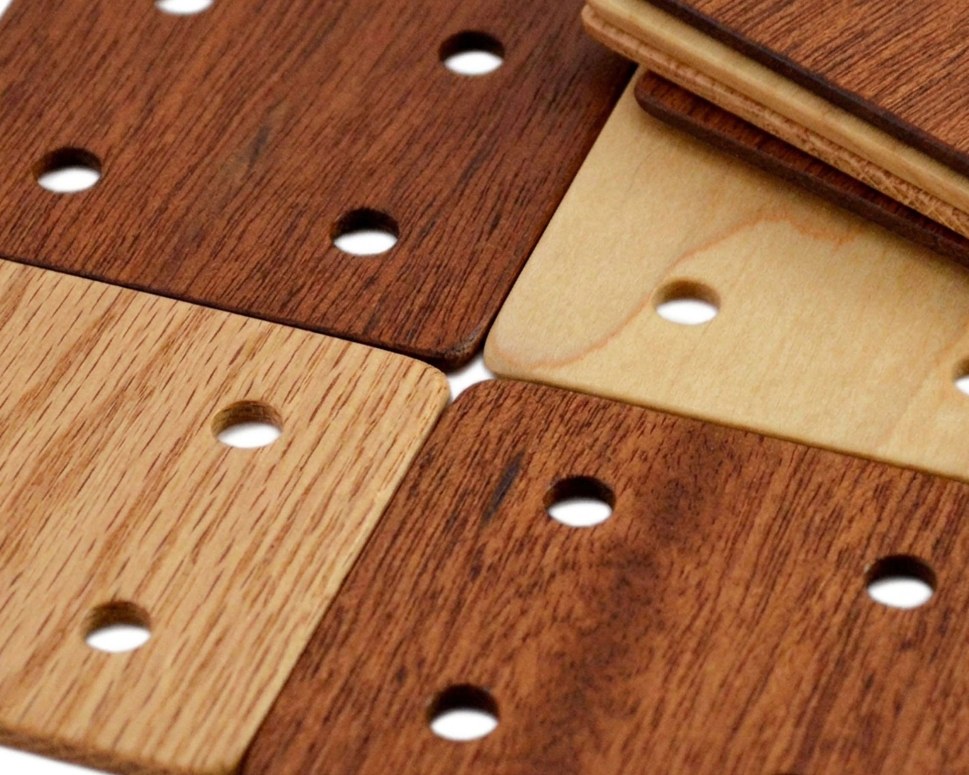 4 hole weaving cards handcrafted from a mix of maple, red oak and mahogany hardwoods by Wiener Dog Ranch.