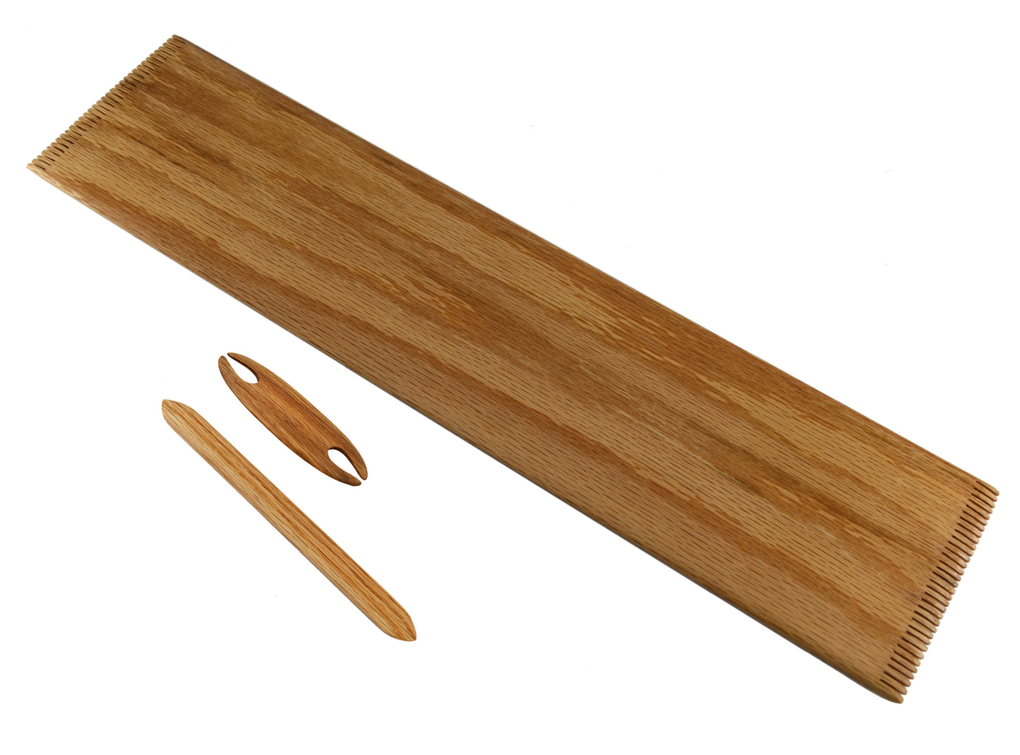Beginner Flat loom set with weaving shuttle and pick up stick. Handcrafted from red oak by Wiener Dog Ranch.