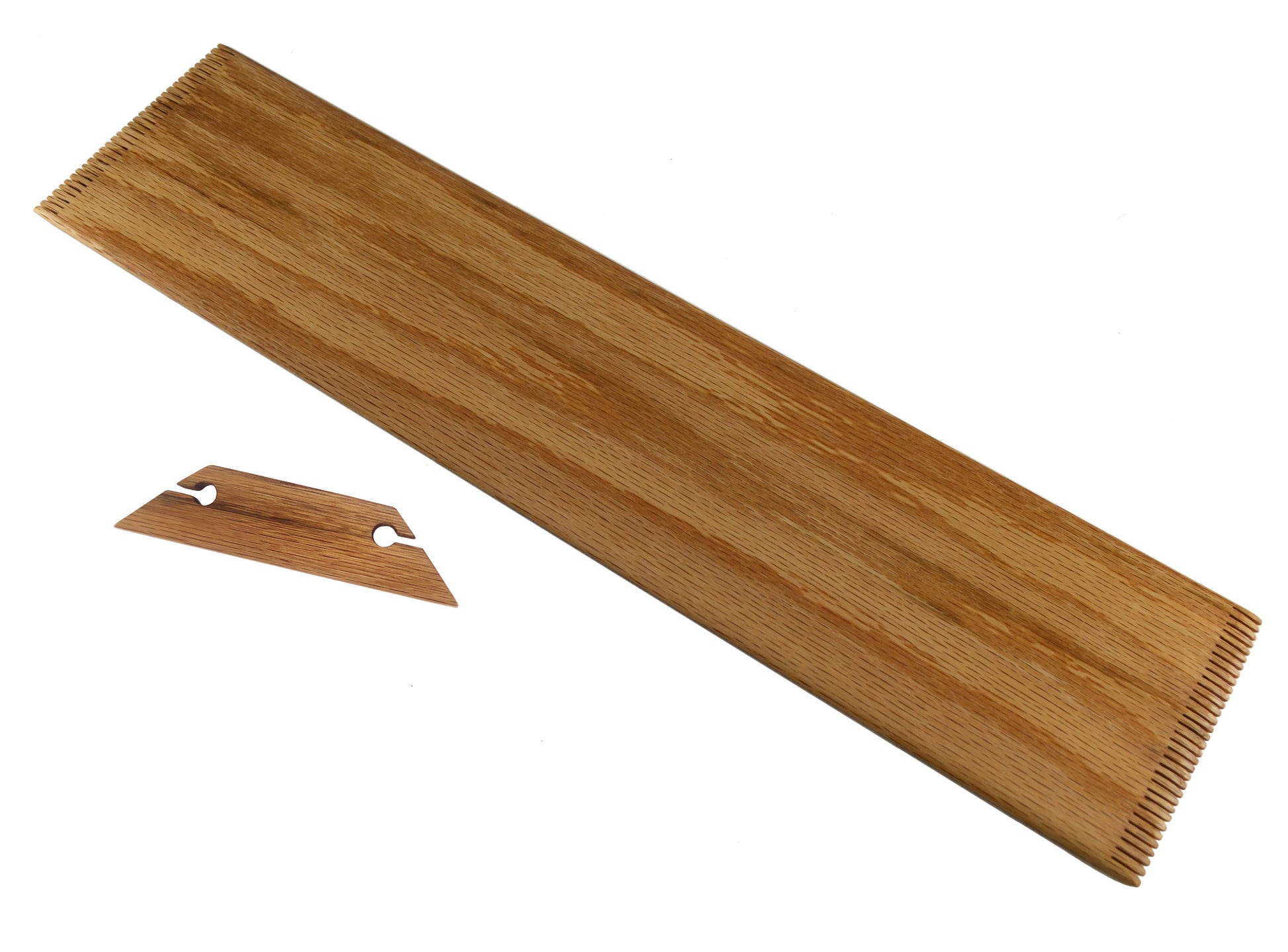 Flat loom or student loom with weaving shuttle. Handcrafted from red oak by Wiener Dog Ranch.