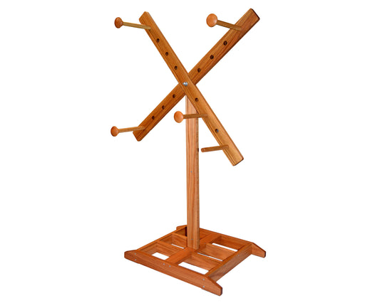 Large floor standing yarn swift. Handcrafted from red oak by Wiener Dog Ranch.