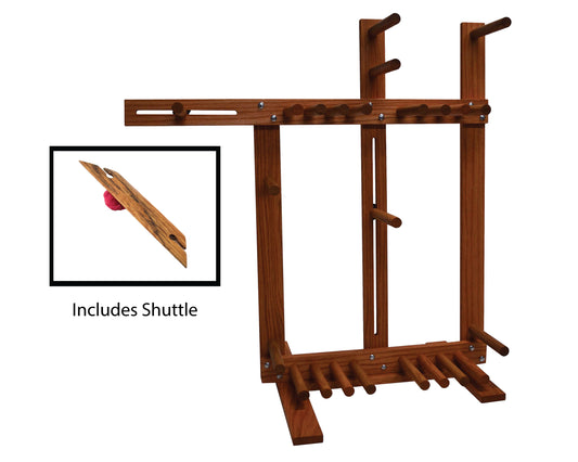 Floor standing inkle loom and shuttle for belt weaving. Handcrafted from red oak by Wiener Dog Ranch.