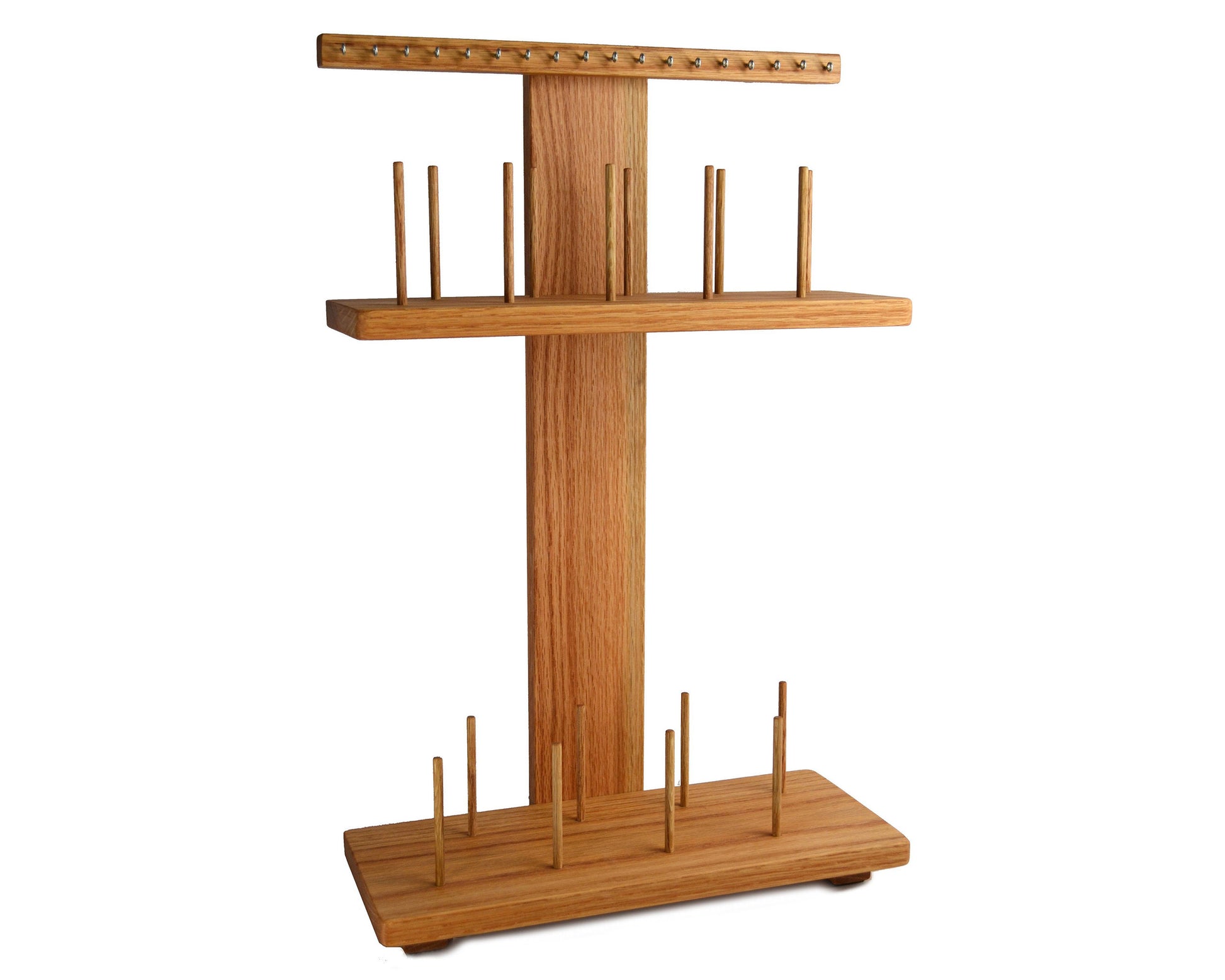 18 spool embroidery sewing machine thread stand. Handcrafted from red oak by Wiener Dog Ranch. Front view.