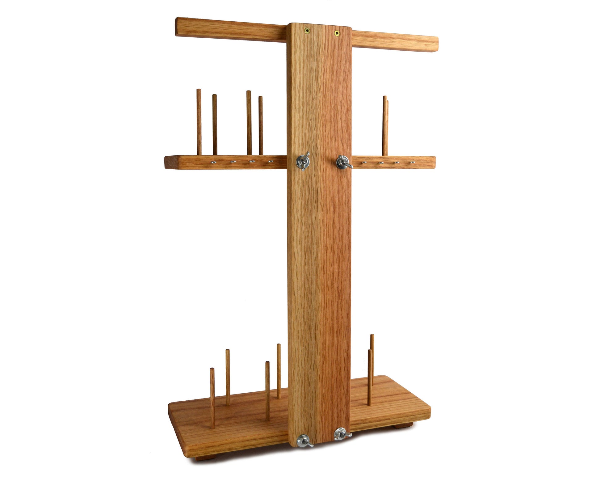 18 spool embroidery sewing machine thread stand. Handcrafted from red oak by Wiener Dog Ranch. Back view.