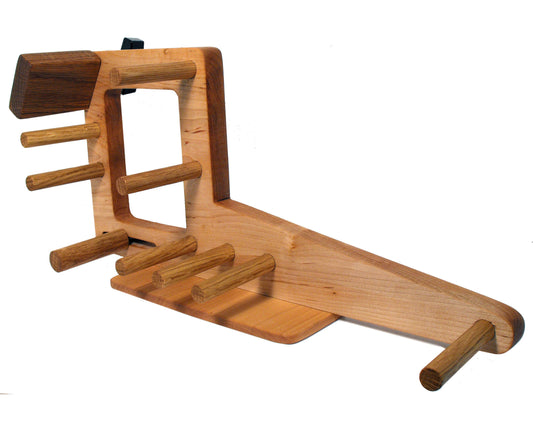 15 inch left-handed inkle loom for belt weaving. Handcrafted from maple and red oak by Wiener Dog Ranch.