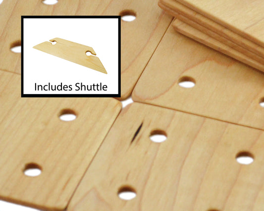 24 Weaving Cards or Tablets with 4 Holes Including Shuttle. Handcrafted from Maple by Wiener Dog Ranch.