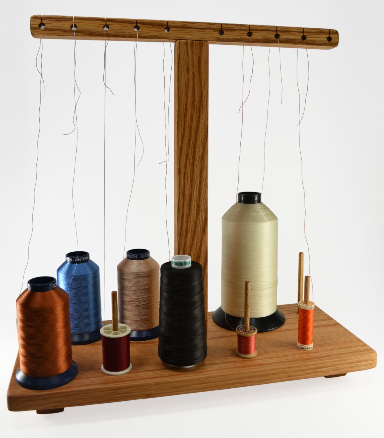 10 spool embroidery sewing machine thread stand. Handcrafted from red oak by Wiener Dog Ranch. View 2.