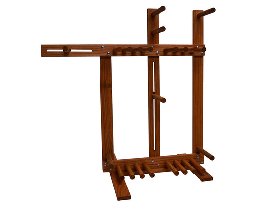 Large floor standing inkle weaving loom. Handcrafted from red oak by Wiener Dog Ranch. Front view.