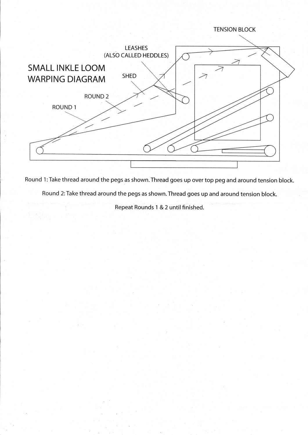 15 inch inkle weaving loom handcrafted from maple and red oak by Wiener Dog Ranch. Warping diagram.